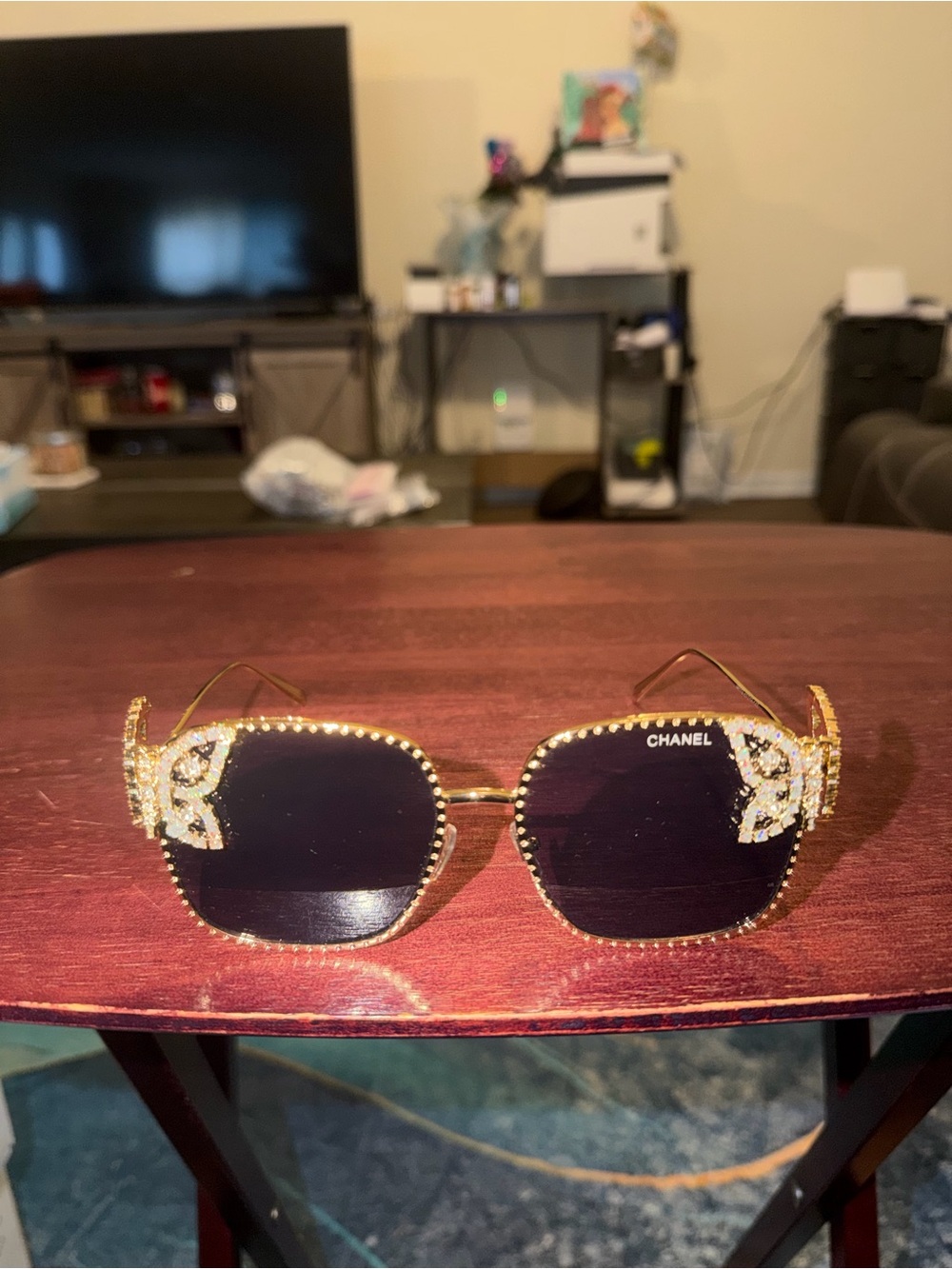 CHANEL Gold Frame Black Lens Rhinestone Accent Sunglasses (violet case)